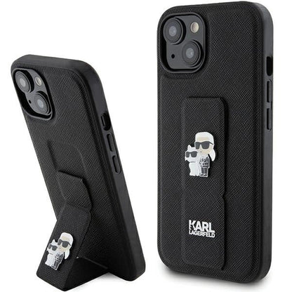 Karl Lagerfeld Gripstand Saffiano Karl&amp;Choupette Pins case for iPhone 15 - black_0