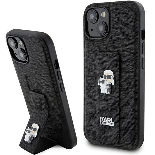 Karl Lagerfeld Gripstand Saffiano Karl&amp;Choupette Pins case for iPhone 15 - black_0
