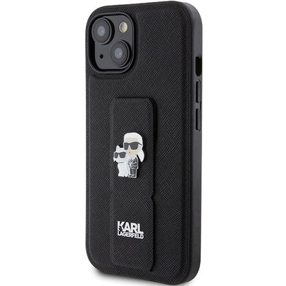 Karl Lagerfeld Gripstand Saffiano Karl&amp;Choupette Pins case for iPhone 15 - black_1