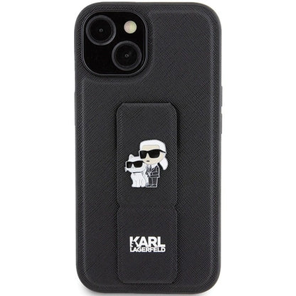 Karl Lagerfeld Gripstand Saffiano Karl&amp;Choupette Pins case for iPhone 15 - black_2