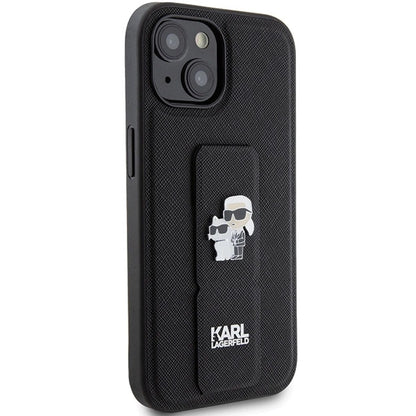 Karl Lagerfeld Gripstand Saffiano Karl&amp;Choupette Pins case for iPhone 15 - black_3