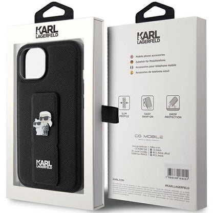 Karl Lagerfeld Gripstand Saffiano Karl&amp;Choupette Pins case for iPhone 15 - black_7