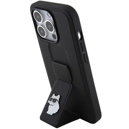 Karl Lagerfeld Gripstand Saffiano Choupette Pins case for iPhone 15 Pro Max - black_1