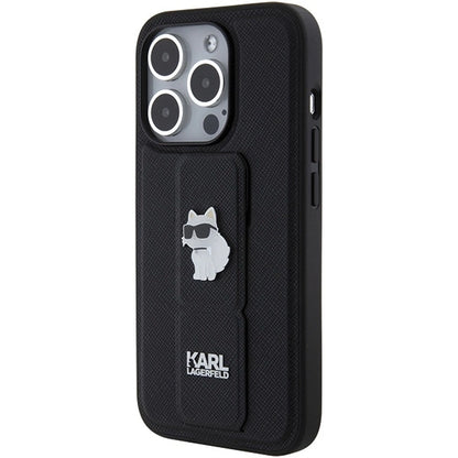 Karl Lagerfeld Gripstand Saffiano Choupette Pins case for iPhone 15 Pro Max - black_2