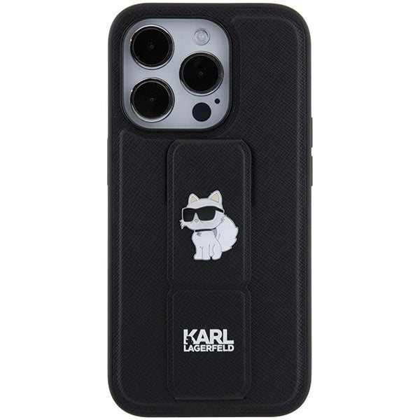 Karl Lagerfeld Gripstand Saffiano Choupette Pins case for iPhone 15 Pro Max - black_3
