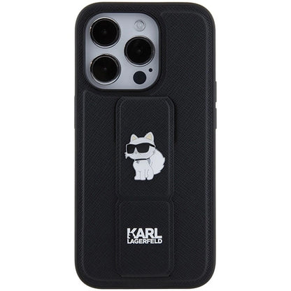 Karl Lagerfeld Gripstand Saffiano Choupette Pins case for iPhone 15 Pro Max - black_3