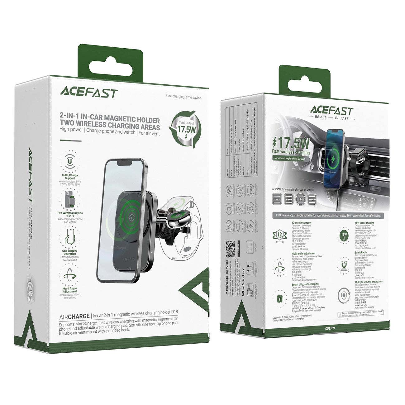 Acefast D18 car holder with MagSafe / Qi inductive charger + USB-A USB-C cable - black_6