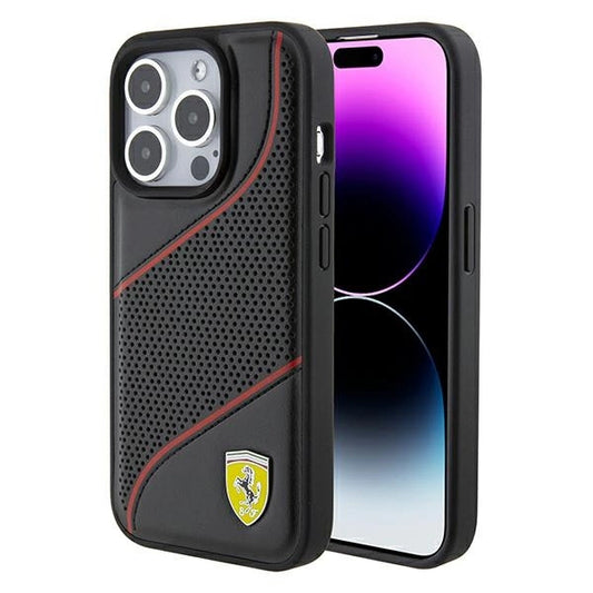 Ferrari Perforated Waves Metal Logo case for iPhone 15 Pro - black_0