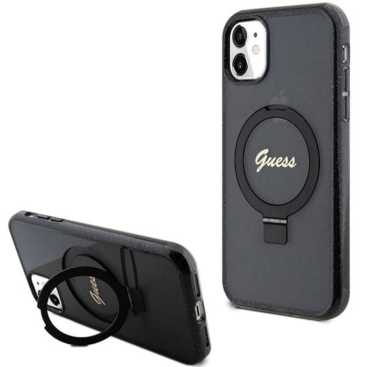 Guess Ring Stand Script Glitter MagSafe case for iPhone 11 / Xr - black_0
