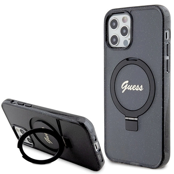Guess Ring Stand Script Glitter MagSafe case for iPhone 12/12 Pro - black_0