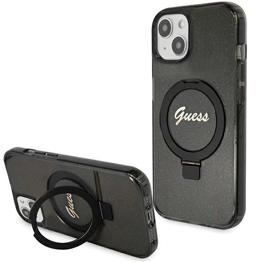 Guess Ring Stand Script Glitter MagSafe case for iPhone 13 / 14 / 15 - black_0
