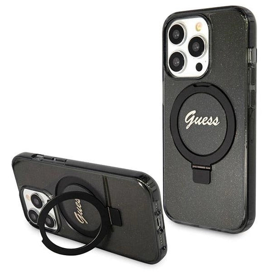 Guess Ring Stand Script Glitter MagSafe case for iPhone 14 Pro - black_0