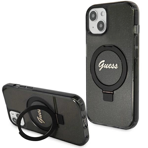 Guess Ring Stand Script Glitter MagSafe case for iPhone 14 / 15 / 13 - black_0