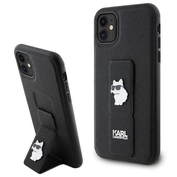 Karl Lagerfeld Gripstand Saffiano Choupette Pins Case for iPhone 11 / Xr - Black_0