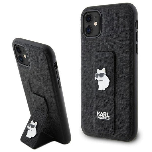 Karl Lagerfeld Gripstand Saffiano Choupette Pins Case for iPhone 11 / Xr - Black_0