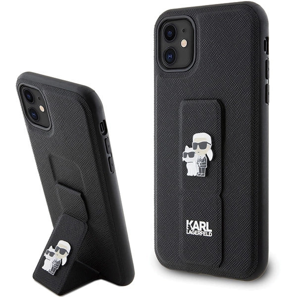 Karl Lagerfeld Gripstand Saffiano Karl&amp;Choupette Pins case for iPhone 11 / Xr - black_0