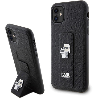 Karl Lagerfeld Gripstand Saffiano Karl&amp;Choupette Pins case for iPhone 11 / Xr - black_0
