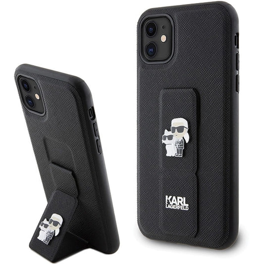 Karl Lagerfeld Gripstand Saffiano Karl&amp;Choupette Pins case for iPhone 11 / Xr - black_0