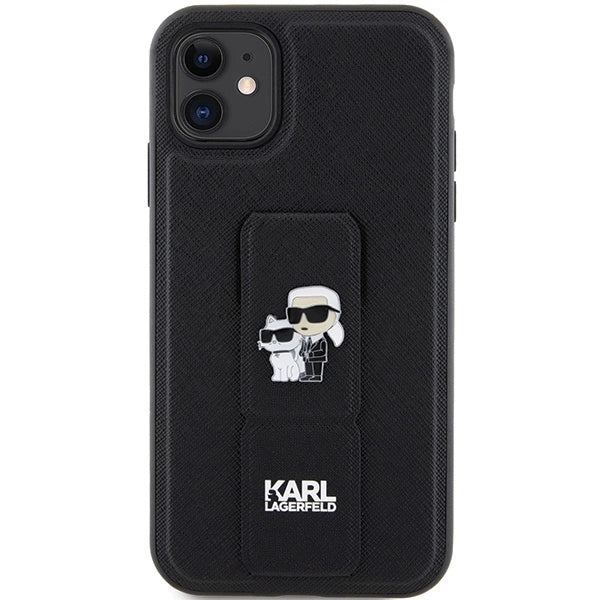 Karl Lagerfeld Gripstand Saffiano Karl&amp;Choupette Pins case for iPhone 11 / Xr - black_2