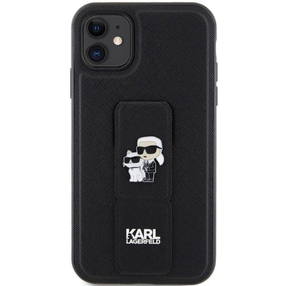 Karl Lagerfeld Gripstand Saffiano Karl&amp;Choupette Pins case for iPhone 11 / Xr - black_2