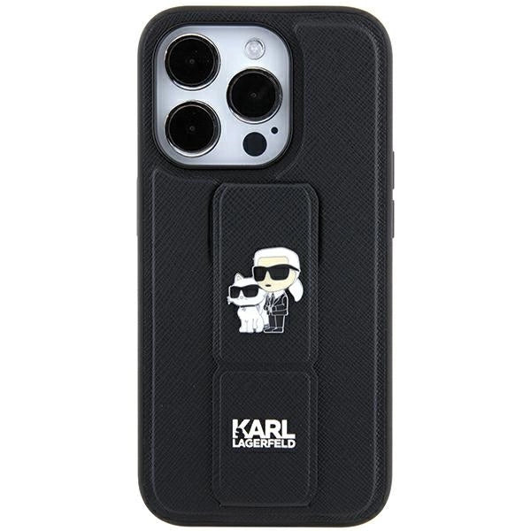 Karl Lagerfeld Gripstand Saffiano Karl&amp;Choupette Pins case for iPhone 11 / Xr - black_3