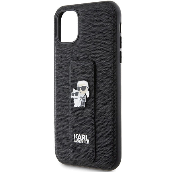 Karl Lagerfeld Gripstand Saffiano Karl&amp;Choupette Pins case for iPhone 11 / Xr - black_5