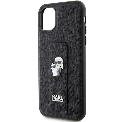 Karl Lagerfeld Gripstand Saffiano Karl&amp;Choupette Pins case for iPhone 11 / Xr - black_5