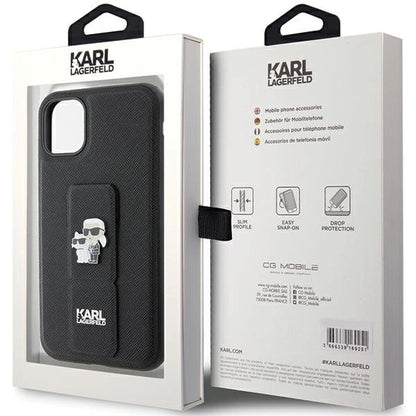 Karl Lagerfeld Gripstand Saffiano Karl&amp;Choupette Pins case for iPhone 11 / Xr - black_7