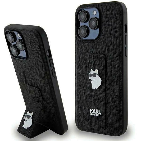 Karl Lagerfeld Gripstand Saffiano Choupette Pins Case for iPhone 13 Pro / 13 - Black_0