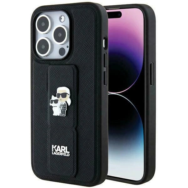 Karl Lagerfeld Gripstand Saffiano Karl&amp;Choupette Pins case for iPhone 13 Pro / 13 - black_0