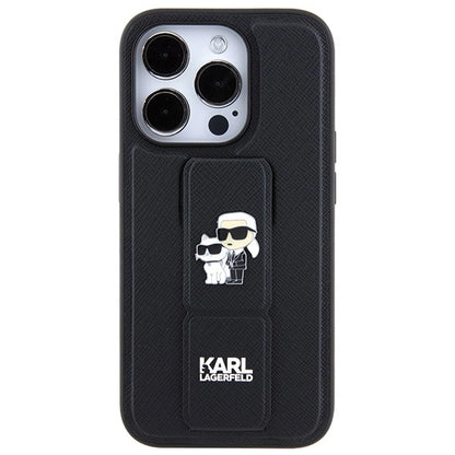Karl Lagerfeld Gripstand Saffiano Karl&amp;Choupette Pins case for iPhone 13 Pro / 13 - black_2