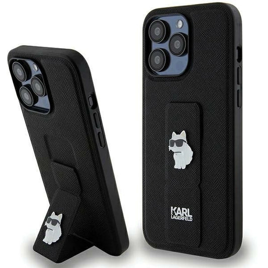 Karl Lagerfeld Gripstand Saffiano Choupette Pins case for iPhone 13 Pro Max - black_0