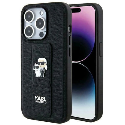 Karl Lagerfeld Gripstand Saffiano Karl&amp;Choupette Pins case for iPhone 14 Pro - black_0