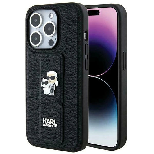 Karl Lagerfeld Gripstand Saffiano Karl&amp;Choupette Pins case for iPhone 14 Pro - black_0