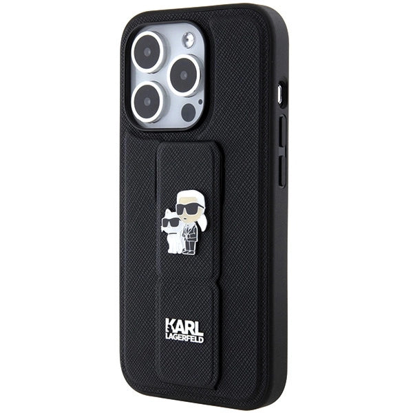 Karl Lagerfeld Gripstand Saffiano Karl&amp;Choupette Pins case for iPhone 14 Pro - black_1