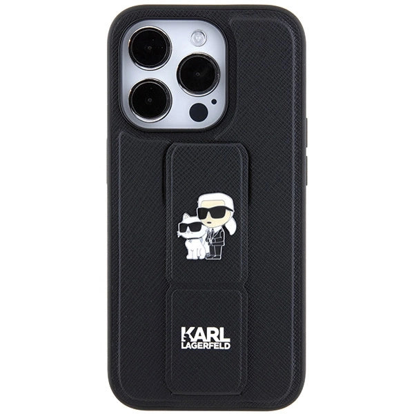 Karl Lagerfeld Gripstand Saffiano Karl&amp;Choupette Pins case for iPhone 14 Pro - black_2