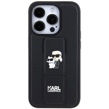 Karl Lagerfeld Gripstand Saffiano Karl&amp;Choupette Pins case for iPhone 14 Pro - black_2