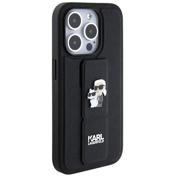 Karl Lagerfeld Gripstand Saffiano Karl&amp;Choupette Pins case for iPhone 14 Pro - black_3