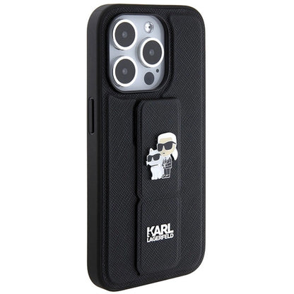 Karl Lagerfeld Gripstand Saffiano Karl&amp;Choupette Pins case for iPhone 14 Pro - black_3