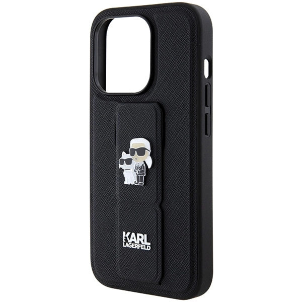 Karl Lagerfeld Gripstand Saffiano Karl&amp;Choupette Pins case for iPhone 14 Pro - black_5