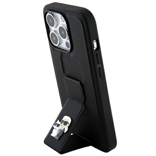 Karl Lagerfeld Gripstand Saffiano Karl&amp;Choupette Pins case for iPhone 14 Pro - black_7