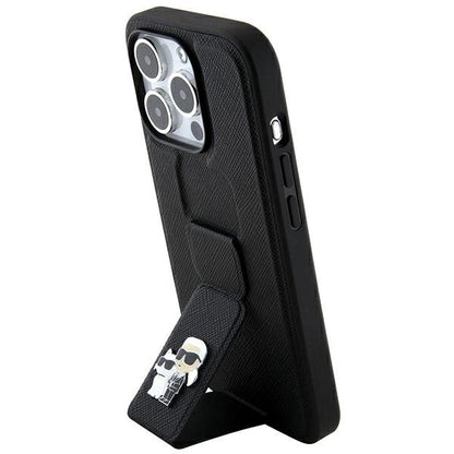 Karl Lagerfeld Gripstand Saffiano Karl&amp;Choupette Pins case for iPhone 14 Pro - black_7