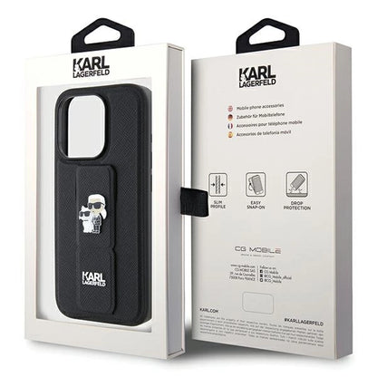 Karl Lagerfeld Gripstand Saffiano Karl&amp;Choupette Pins case for iPhone 14 Pro - black_8