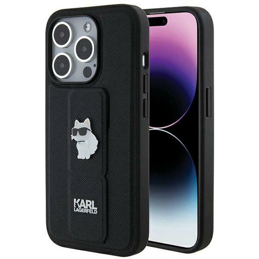 Karl Lagerfeld Gripstand Saffiano Choupette Pins case for iPhone 14 Pro Max - black_0