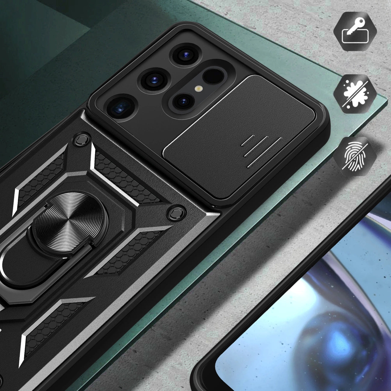 Hybrid Armor Camshield case for Samsung Galaxy S24 Ultra armored with camera cover - black_5