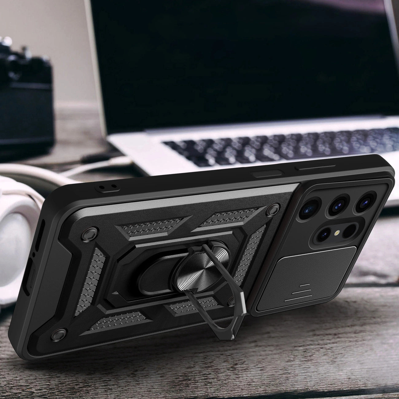 Hybrid Armor Camshield case for Samsung Galaxy S24 Ultra armored with camera cover - black_7