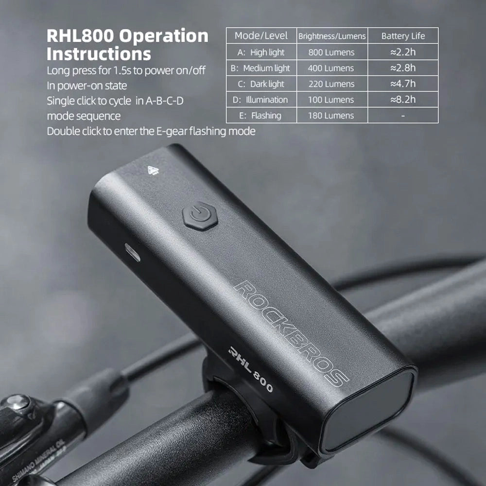 Rockbros 24710012001 front bicycle light 800 lm + USB-C - USB-A cable - black_5