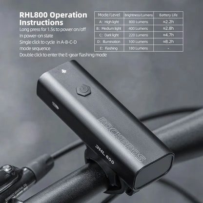 Rockbros 24710012001 front bicycle light 800 lm + USB-C - USB-A cable - black_5