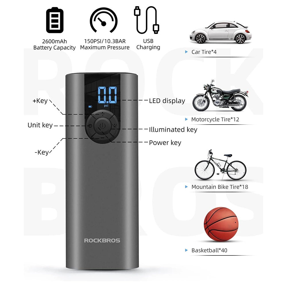 Rockbros 42720001001 Electric Bike Pump with LED Display + USB-C - USB-A Cable - Black_1