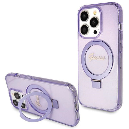 Guess Ring Stand Script Glitter MagSafe case for iPhone 14 Pro - purple_0